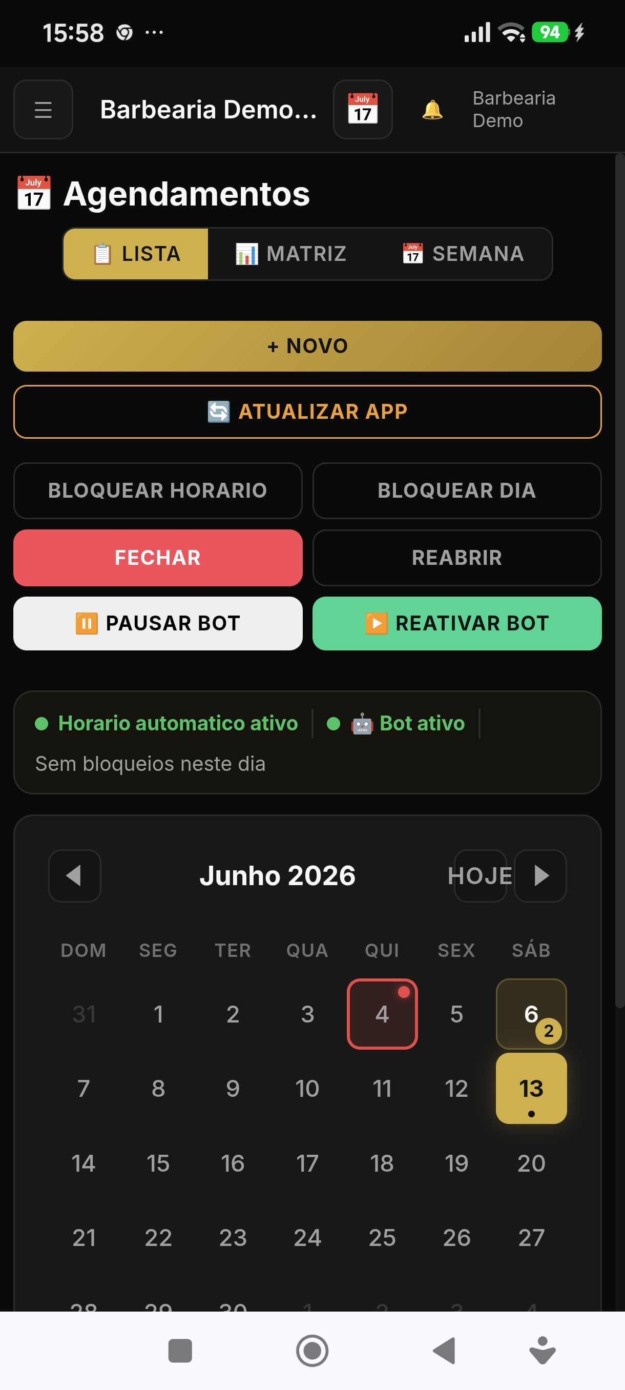 App AgendZap no celular: bloquear horário, bloquear dia, fechar, reabrir, pausar e reativar o bot na tela de Agendamentos
